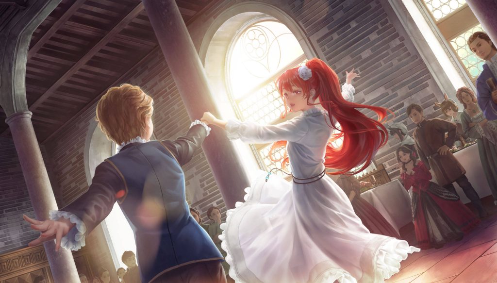 Mushoku Tensei wallpaper Rudeus and Eris dancing in elegant ballroom with warm glowing light