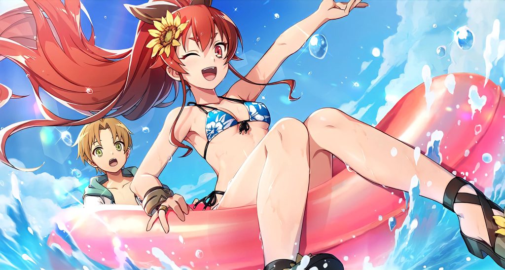 Mushoku Tensei anime wallpaper Eris in blue floral bikini winking on pink floatie with Rudeus ocean background