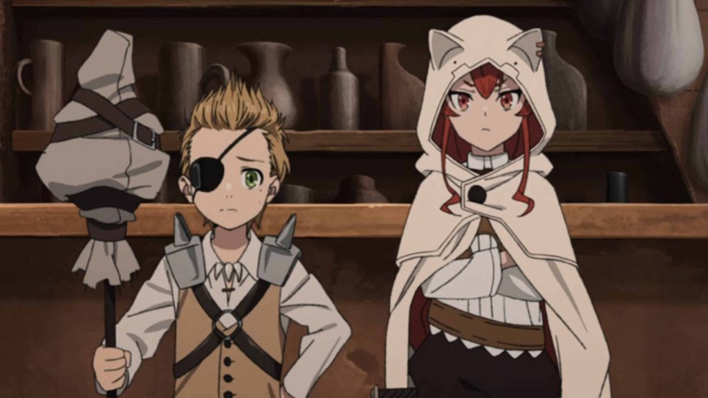 Mushoku Tensei wallpaper featuring Rudeus with eyepatch and Eris in hooded cloak in rustic setting