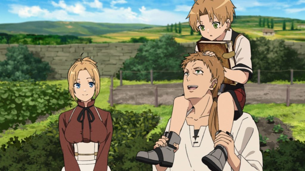 Greyrat family Mushoku Tensei wallpaper Paul carrying Rudeus and Zenith in sunlit garden