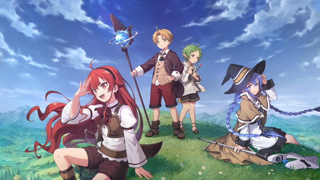 Mushoku Tensei anime wallpaper with Rudeus Eris Sylphiette and Roxy on sunny mountain valley hillside