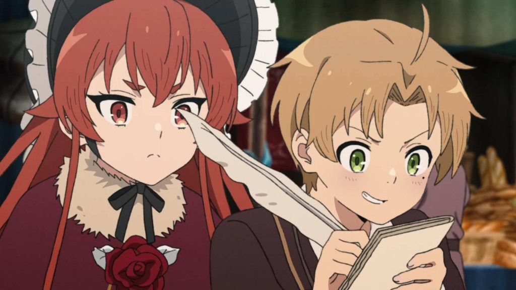 Mushoku Tensei wallpaper young Rudeus writing with quill and red-haired Eris beside him