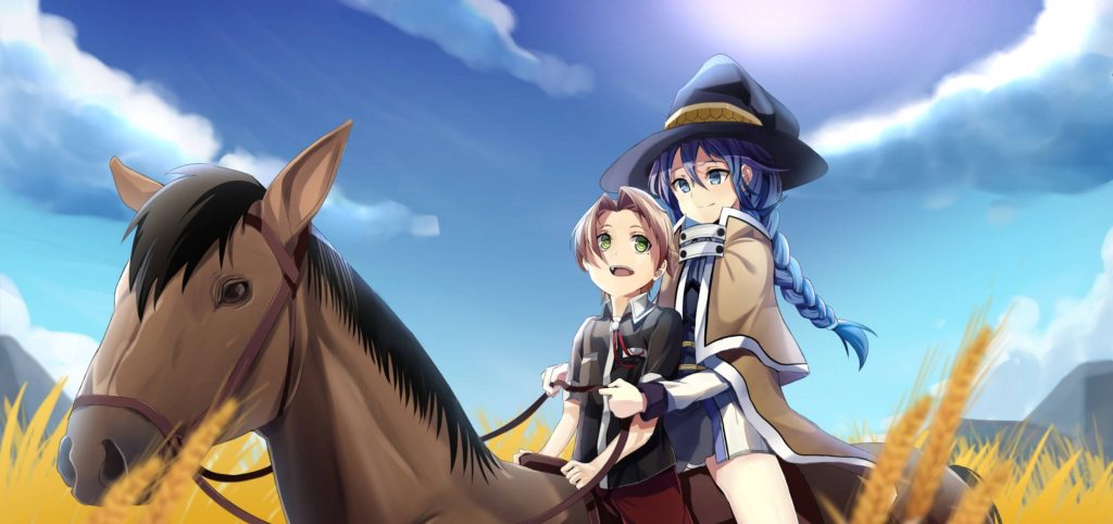 Mushoku Tensei wallpaper young Rudeus and Roxy riding horse in golden field sunny sky