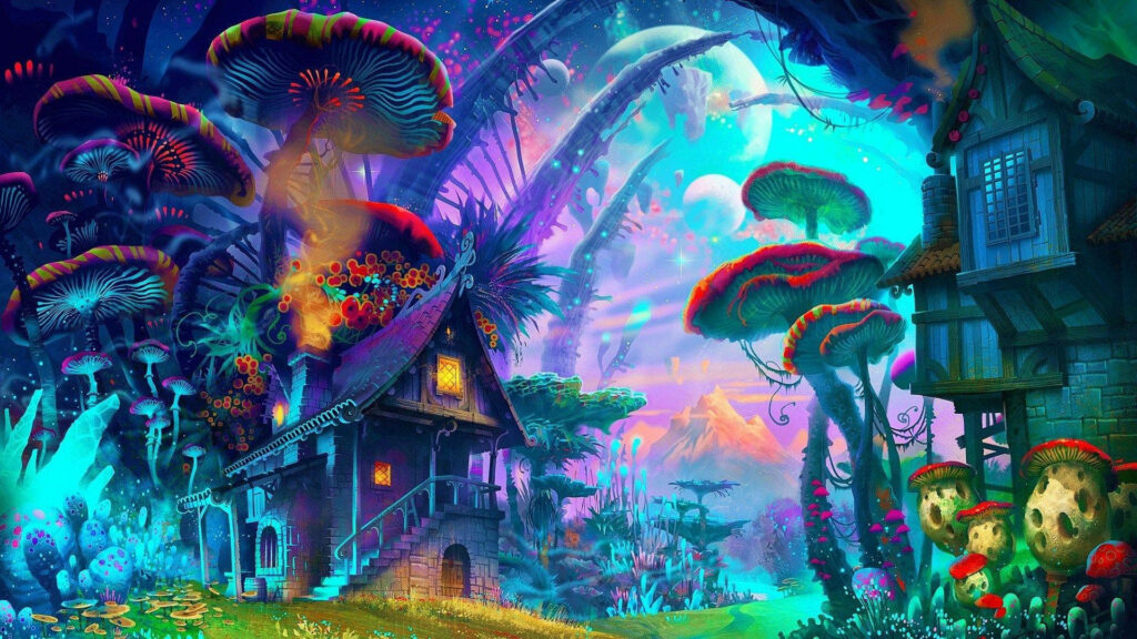 Psychedelic Wonderland: Enchanting Mushroom Forest and Vibrant Cosmic Dwellings Wallpaper