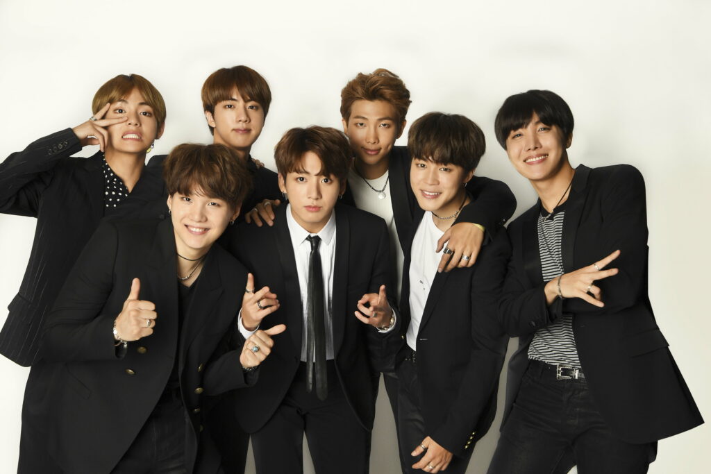 BTS group portrait in black suits bright white background Kpop icons desktop wallpaper