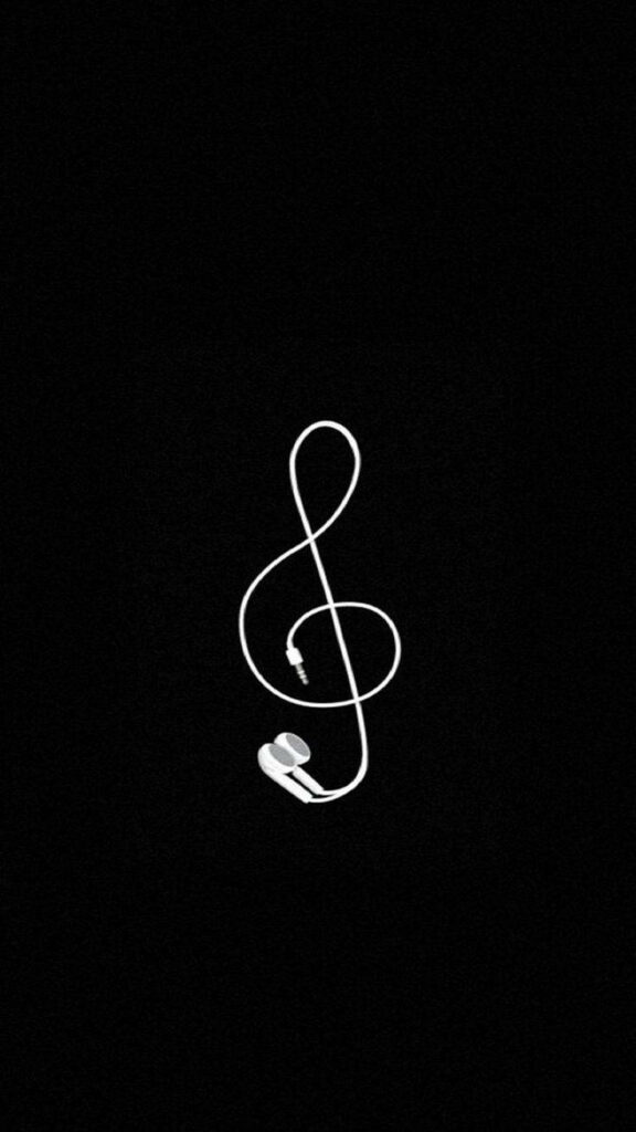 Minimalist music wallpaper with white earphone cord shaped as treble clef on black background