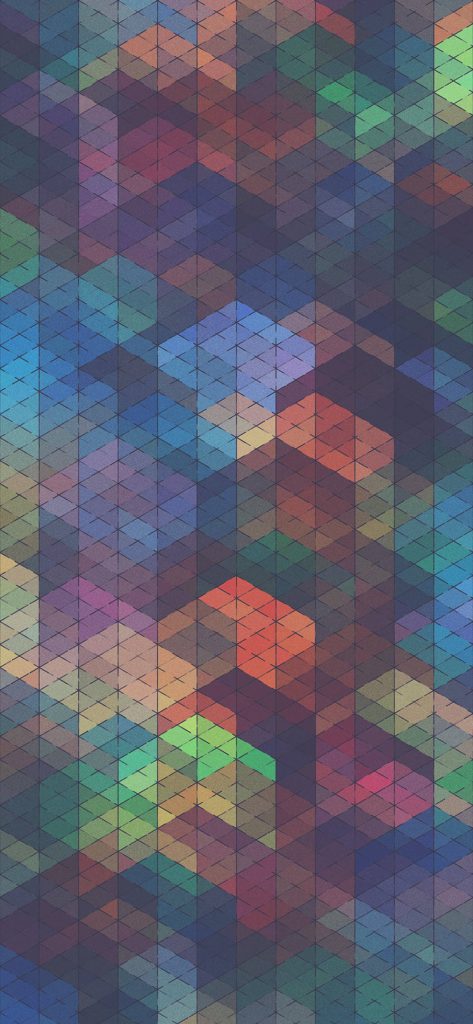 Geometric tiled wallpaper with soft muted rainbow hues in deep blues purples oranges and greens