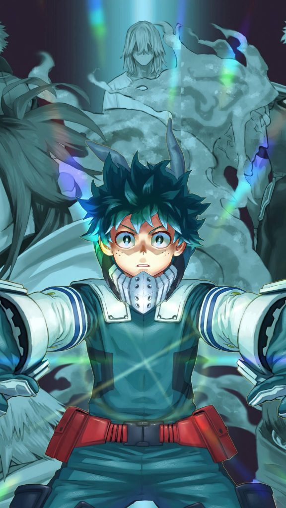 My Hero Academia 4k wallpaper featuring Deku in hero gear with glowing blue spectral forms