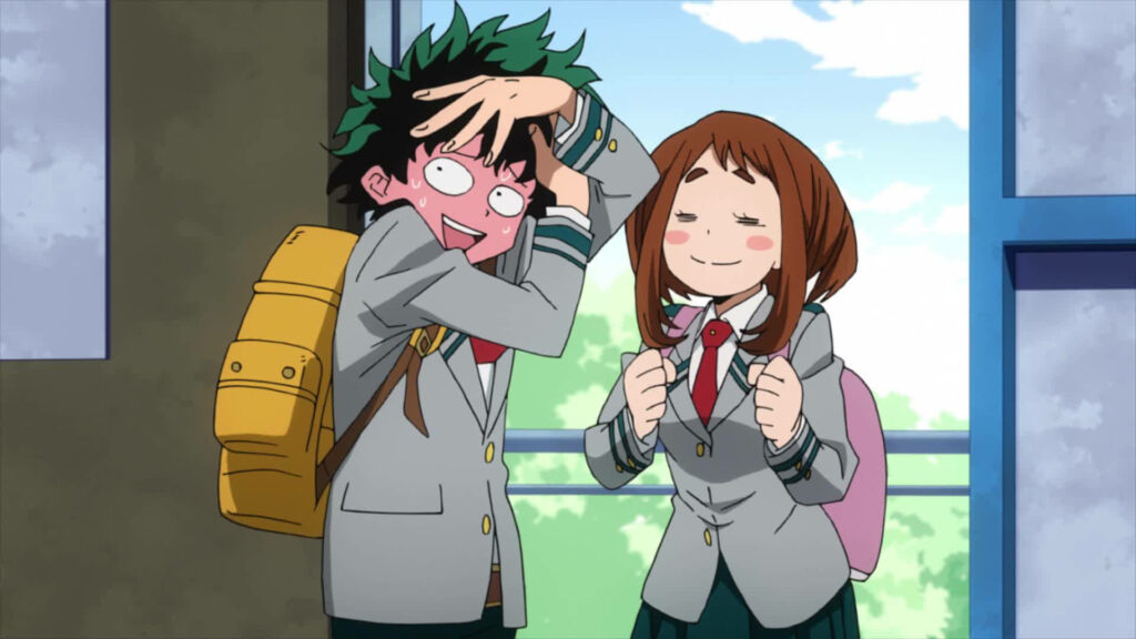 A Hilarious Entry: Izuku and Ochako's Awkward Arrival in Class 1-A - My Hero Academia Anime Couple Comedy Art Wallpaper