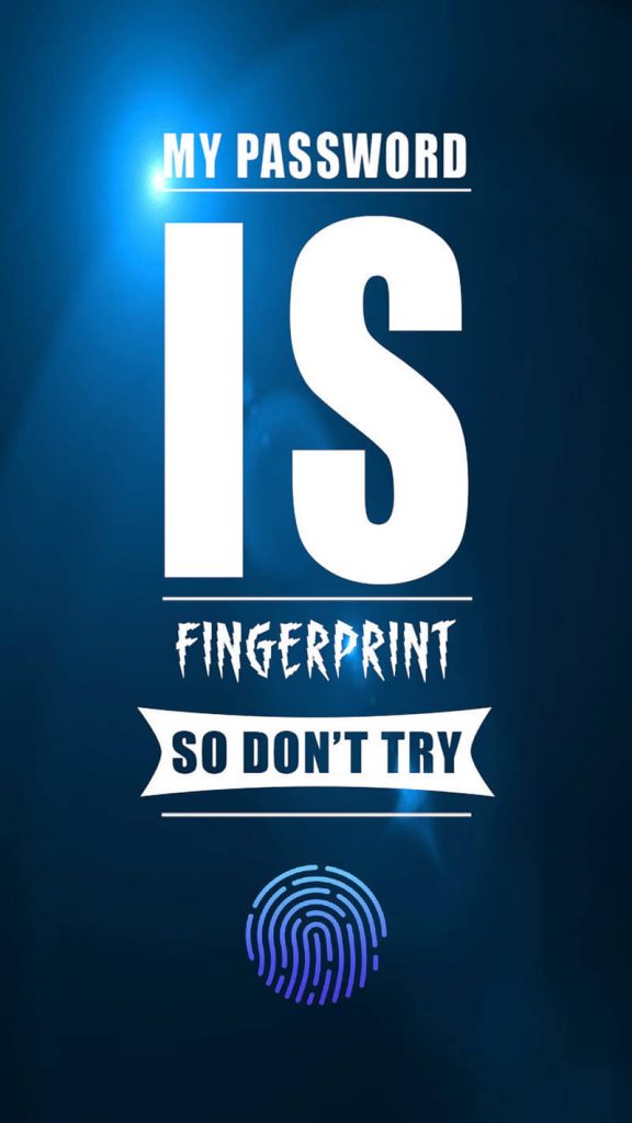 Humorous My Password Is Fingerprint wallpaper with glowing blue fingerprint on dark blue background