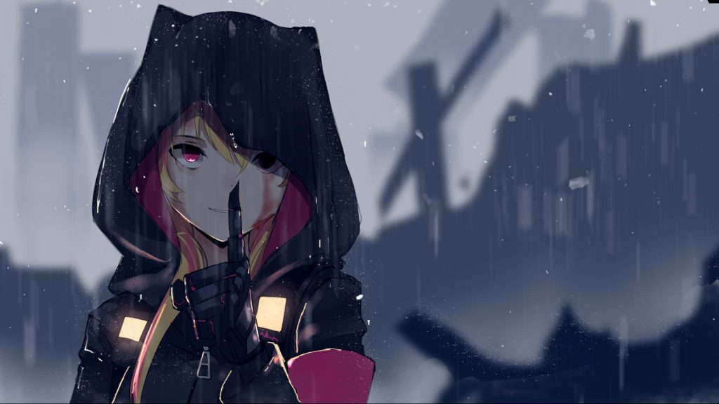 Anime girl with yellow pink hair shushing in rainy snowy post-apocalyptic city digital art wallpaper