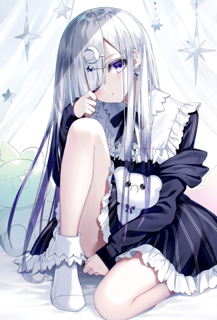 Elegant Anime Girl with Silver Hair in Dreamy Starry Background Wallpaper