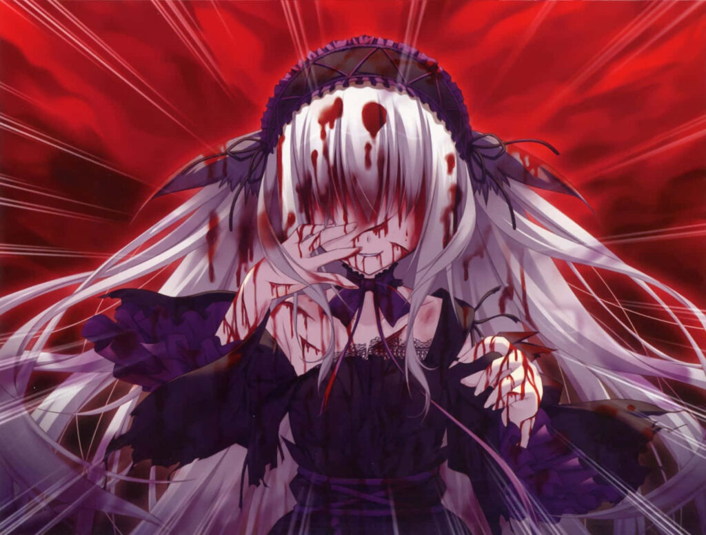 Mysterious Anime Gothic Wallpaper: Silver-Haired Character & Blood Splatter