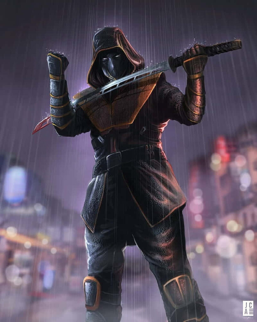 Mysterious Armored Figure with Katana in Rainy Urban Wallpaper