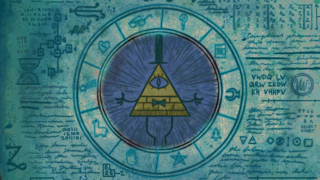Mysterious Bill Cipher from Gravity Falls on eerie wheel with cryptic symbols wallpaper background
