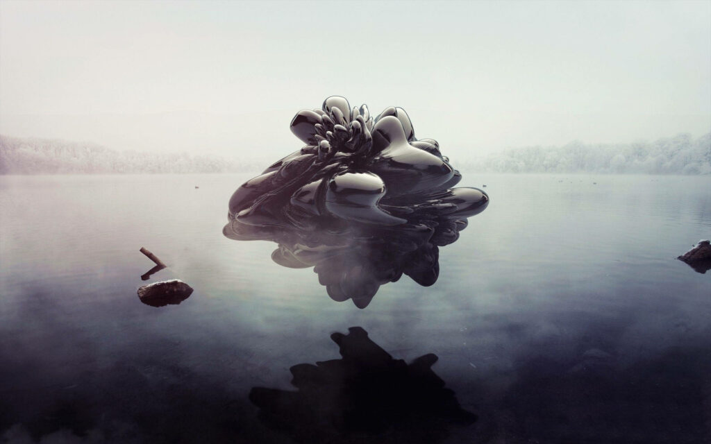 Mysterious Black Structure Over Misty Lake - Abstract Art Wallpaper