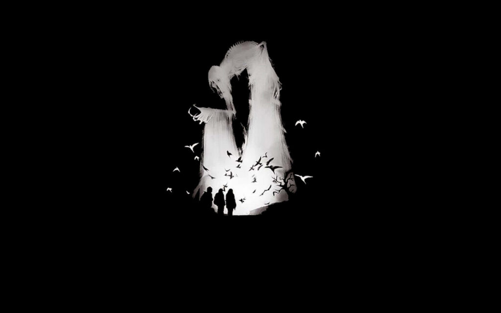 Enigmatic Black and White Wallpaper with Shadowy Abstract Figure