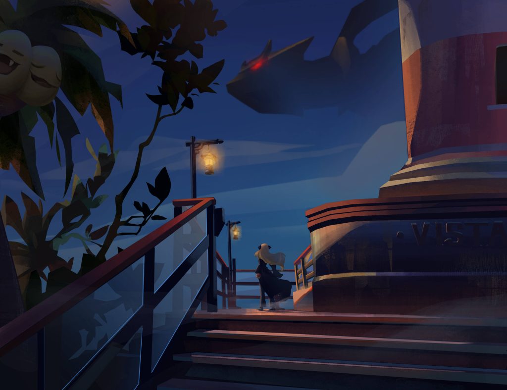 Moody anime wallpaper of blonde girl on stairs at twilight with Giratina and Alolan Exeggutor