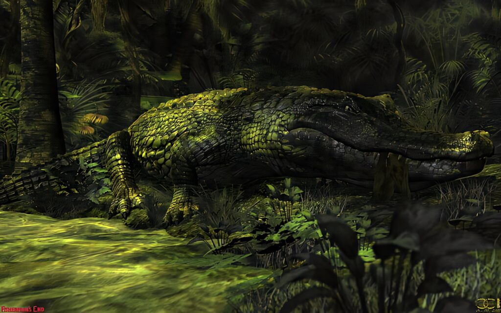 Caiman resting in shadowy jungle den with lush green foliage and dappled sunlight wallpaper background