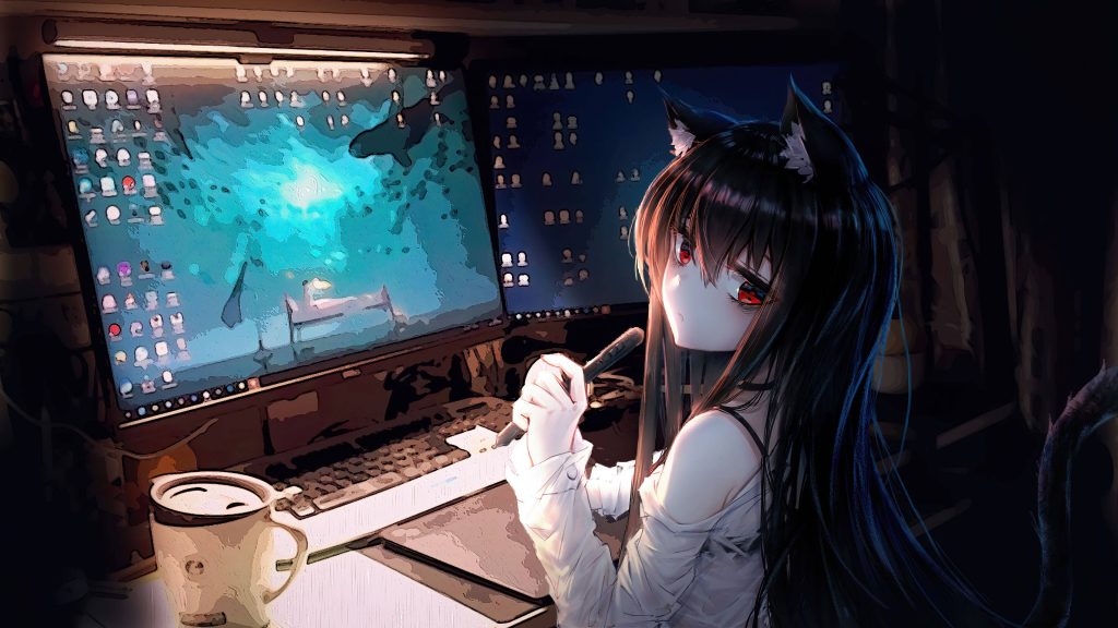 Mysterious cat-eared girl with red eyes in dim gaming setup with glowing monitors and coffee mug Wallpaper