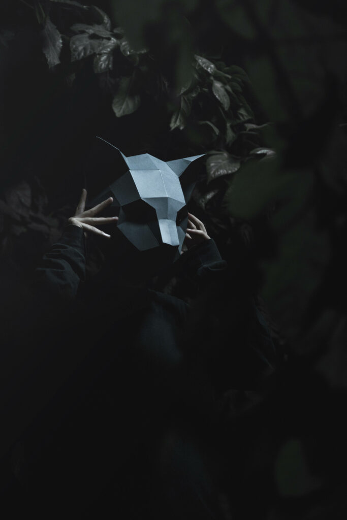 Geometric Cat Mask in Shadowy Forest: Mysterious Artistry Unveiled Wallpaper