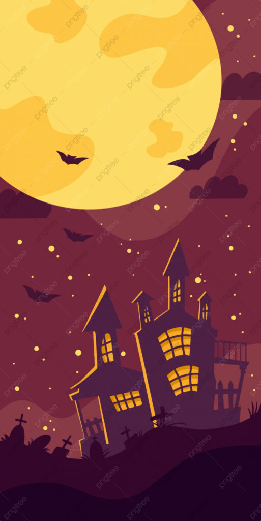 Spooky Night: A Charming Halloween Wallpaper Showcasing an Animated Haunted House with Moonlit Bats - Halloween Phone Background Delight