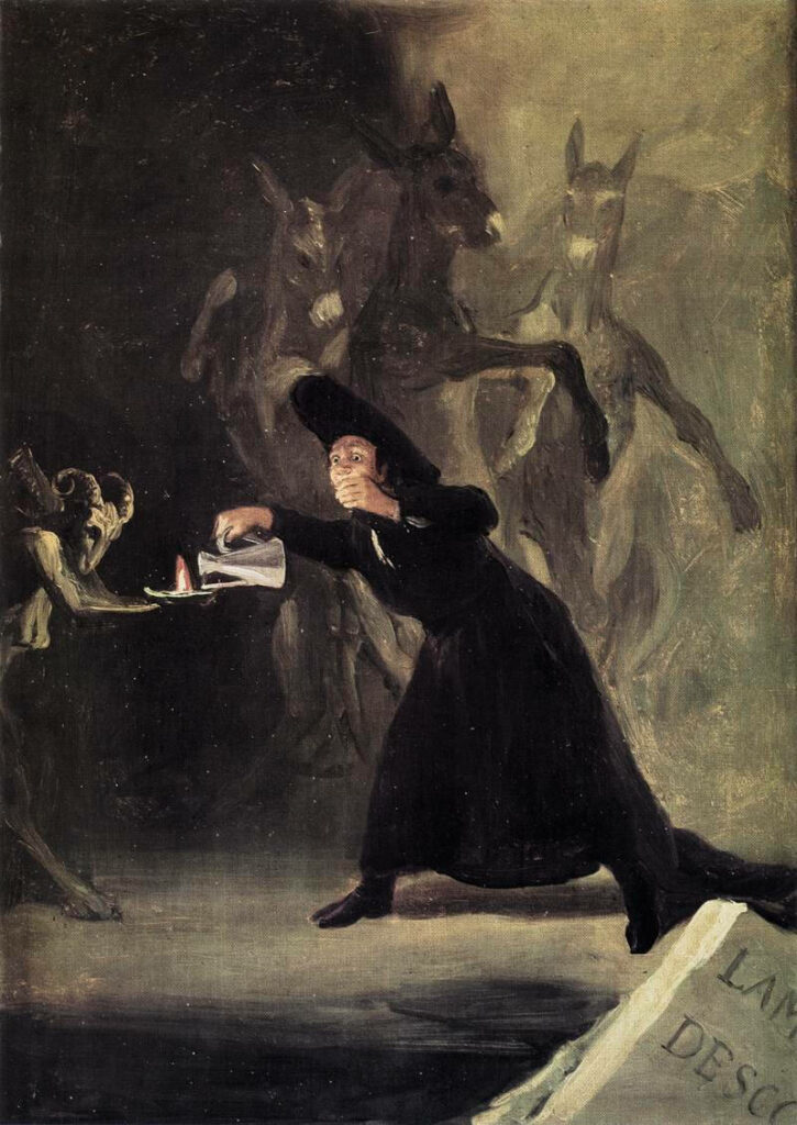 Cloaked figure lighting candle surrounded by eerie supernatural creatures in dark wallpaper background
