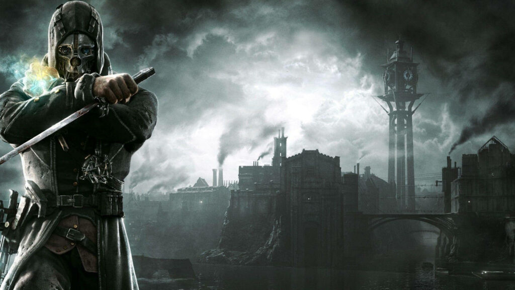 Mysterious Masked Figure in Desolate Dishonored Cityscape Wallpaper