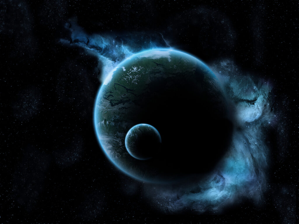 Mysterious Cosmic Wallpaper: Glowing Moon & Planet in Ethereal Space