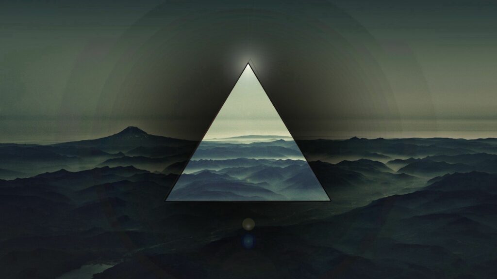 Dark Aesthetic Triangle Wallpaper with Serene Mountain Landscape 1920x1080