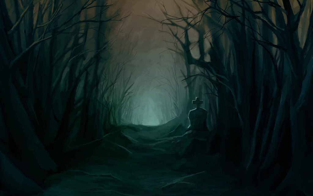 Solitary tombstone on foggy forest path in dark teal gothic graveyard digital art wallpaper