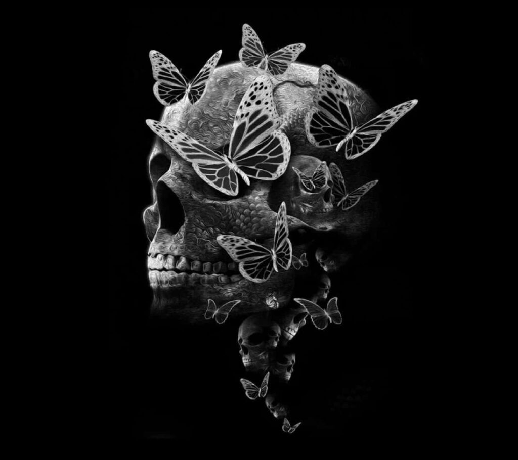 “Mysterious Dark Theme Wallpaper: Butterflies & Artistic Skull Design”