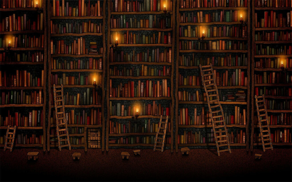 Dimly lit spooky library with towering bookshelves flickering candles and scattered ladders wallpaper