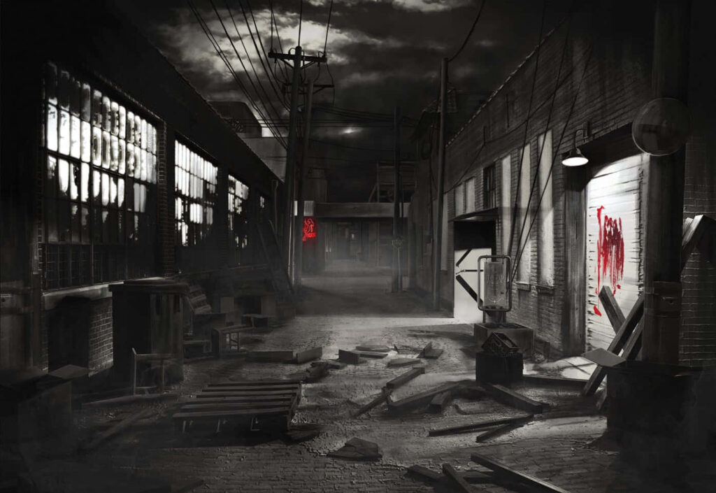 Mysterious Evening Alleyway Wallpaper: Shadows & Dim Light