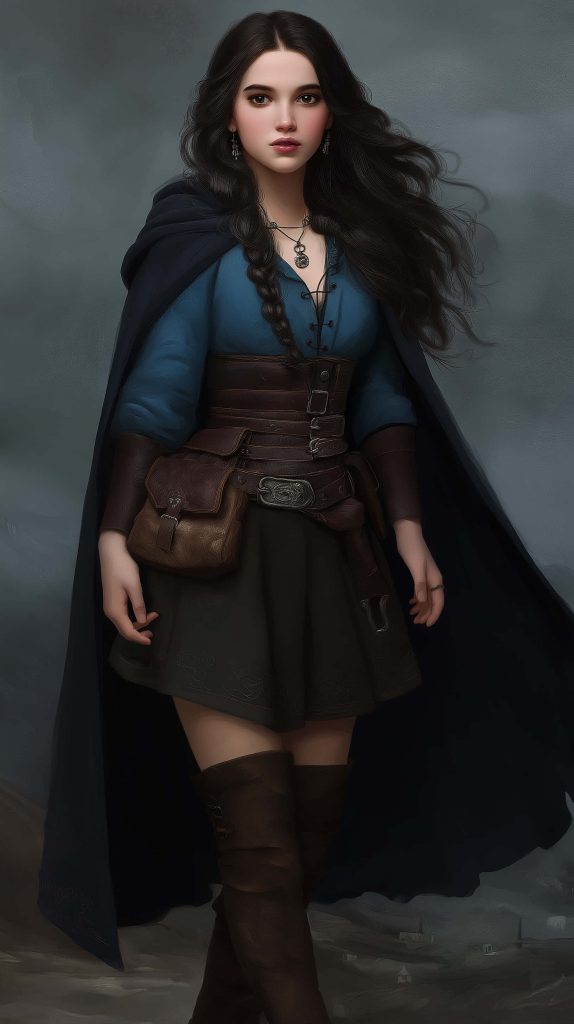 Mysterious woman in dark cloak and leather corset fantasy RPG character wallpaper background