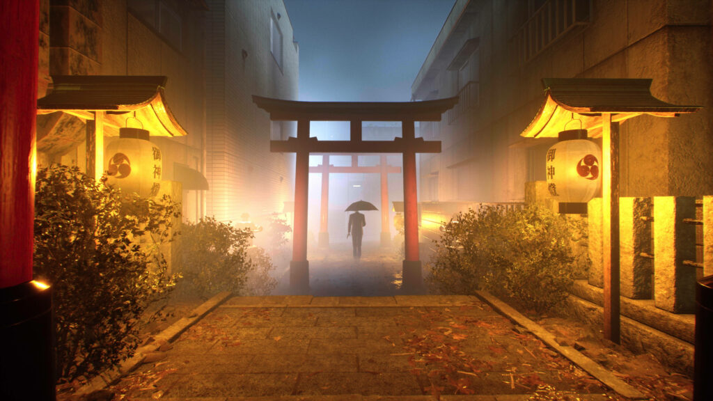 Mysterious figure with umbrella under torii gate glowing yellow lanterns Ghostwire Tokyo wallpaper
