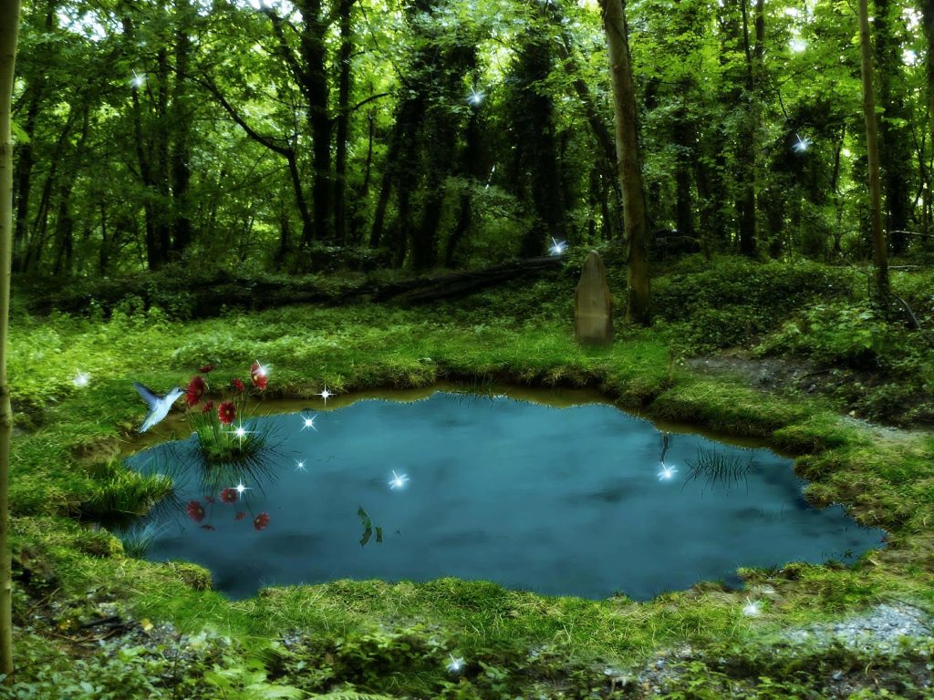 Mysterious forest pond with vibrant green foliage red flowers hummingbird and magical sparkles Wallpaper