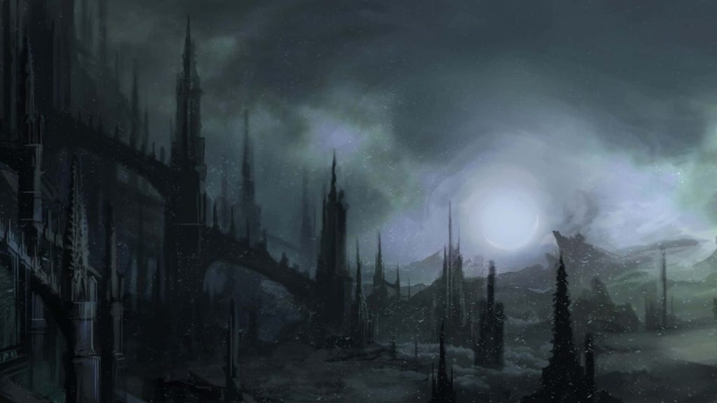 Gothic dark fantasy cityscape with sharp spires under a pale moon digital art wallpaper