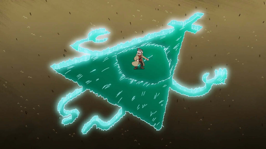Character inside glowing Bill Cipher triangle symbol with eerie Gravity Falls wallpaper background