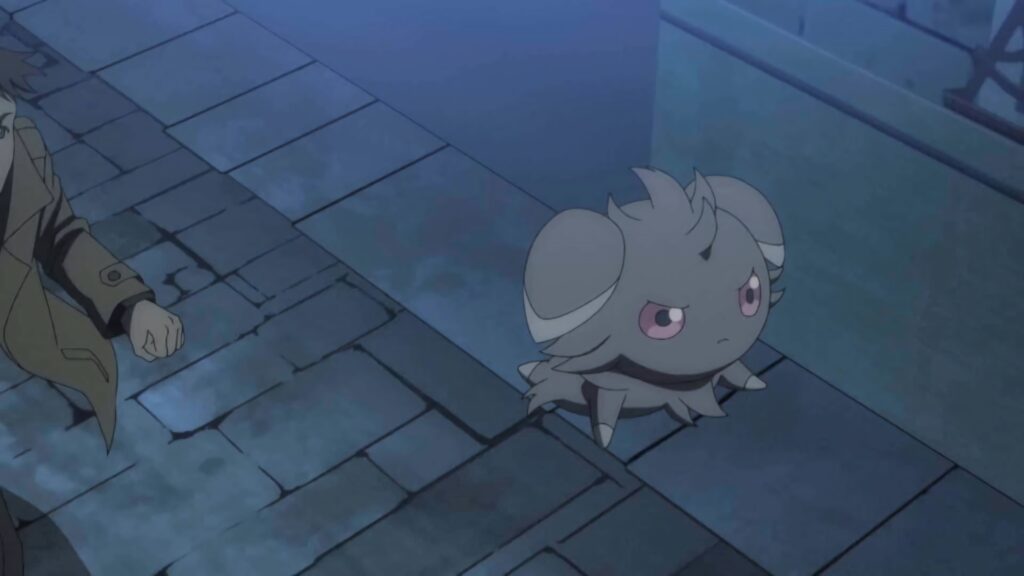 Gray Espurr with glowing lavender eyes floats over misty cobblestone street dark psychic aura background Wallpaper