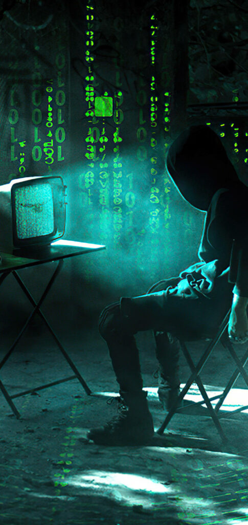 Mysterious Hacker in Dim Warehouse - Intense Tech Wallpaper