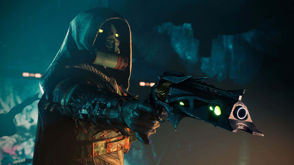 Mysterious Hooded Character with Futuristic Weapon – Dark Wallpaper