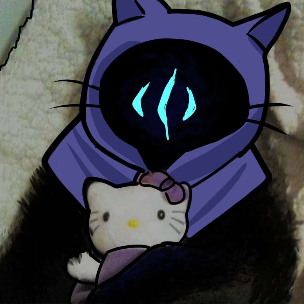 Mysterious Hooded Character with Hello Kitty Plush Wallpaper