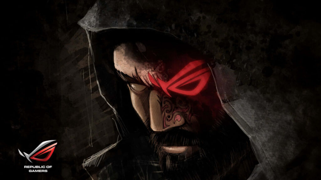 Mysterious hooded gamer with glowing red Asus ROG logo eye perfect gaming wallpaper background