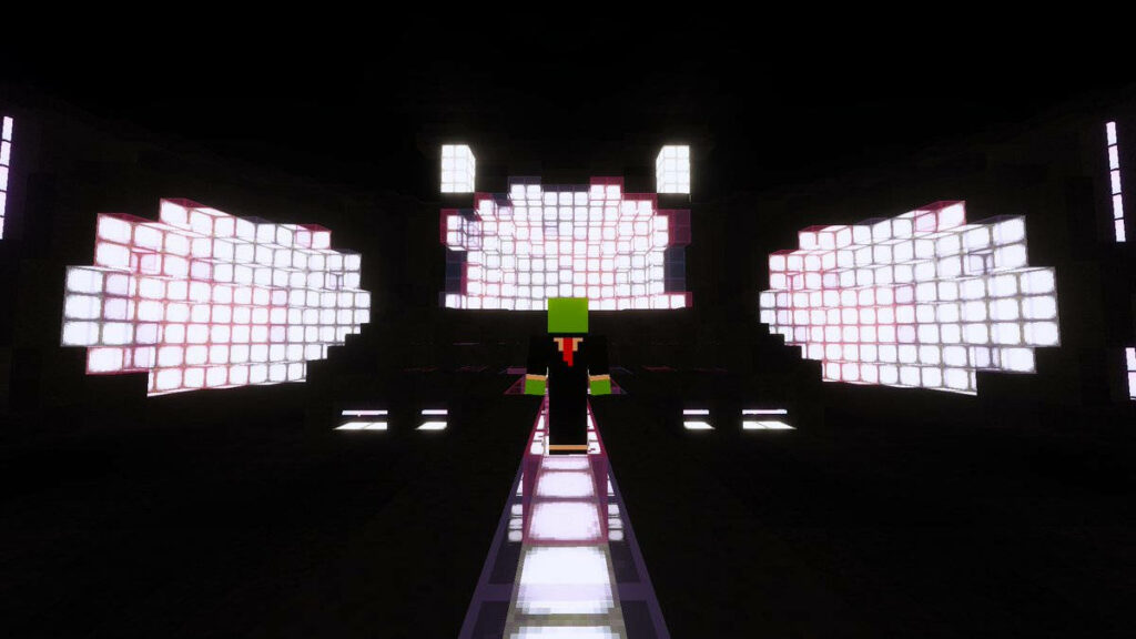 Stylish MCYT Character Strikes a Pose in Minecraft's Atmospheric Dark Room Setting with Elegant Bridge Wallpaper