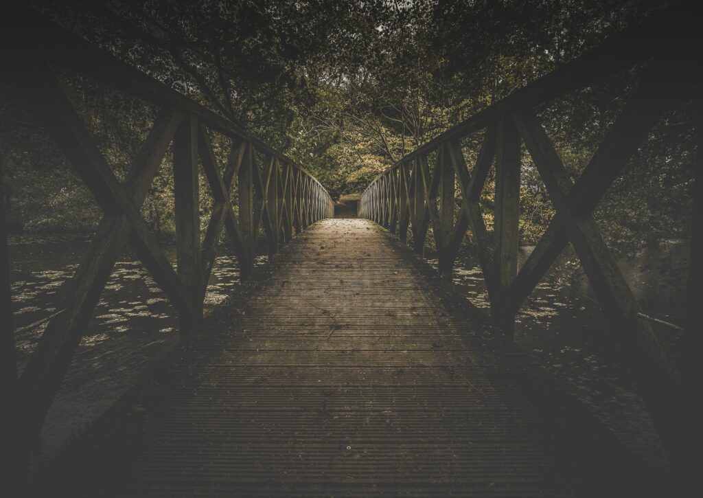 Weathered wooden bridge with rustic railings in moody forest pathway wallpaper background
