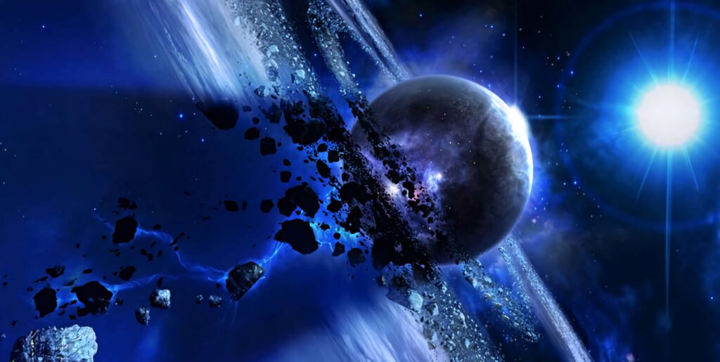 Mysterious Planet Wallpaper with Glowing Asteroid Ring and Stars