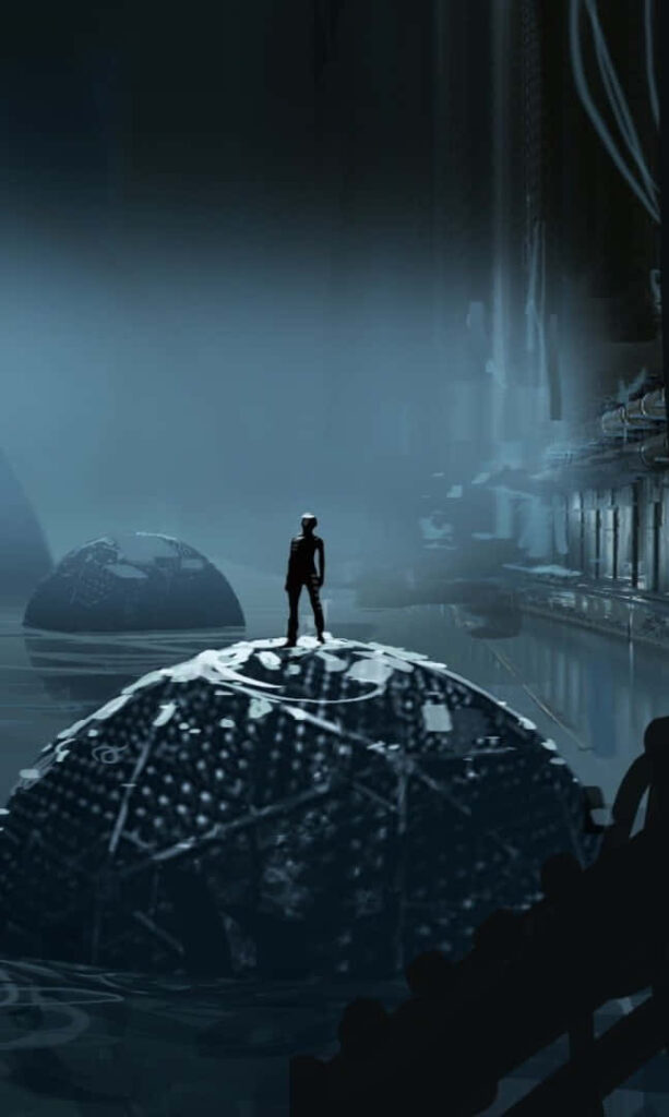 Portal 2-Inspired Dark Ambient Wallpaper: Lone Figure in Mist