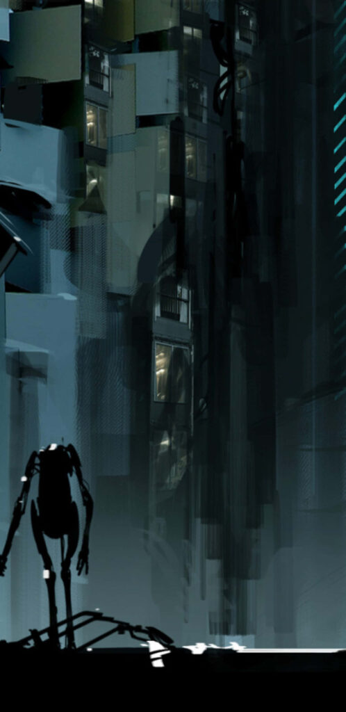 Mysterious Robot Silhouette Wallpaper: Futuristic Urban Vibes