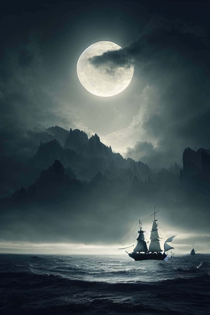 Mysterious Ship on Dark Ocean: Ethereal Moonlight Wallpaper
